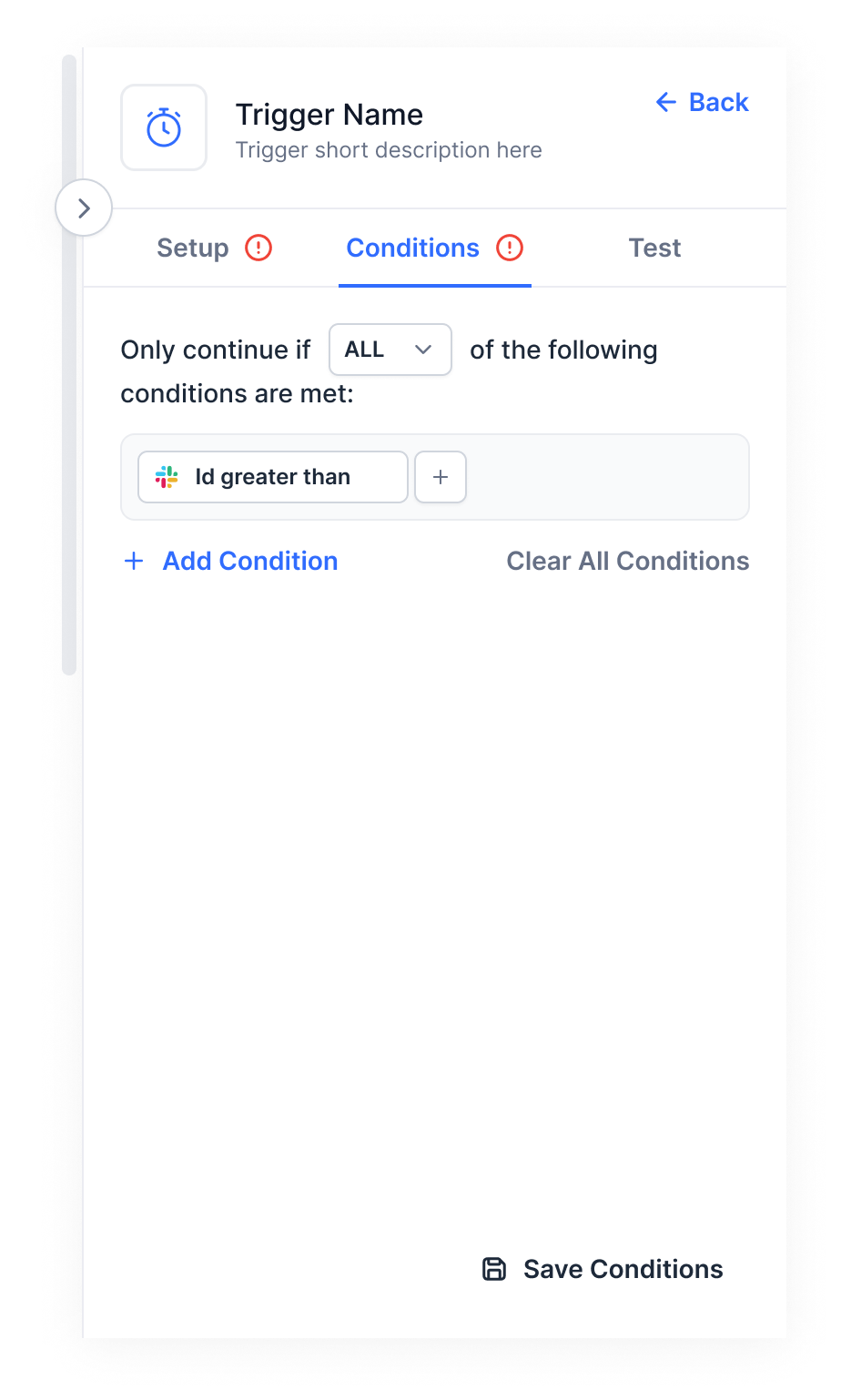 Condition builder sidebar with a single condition and save action