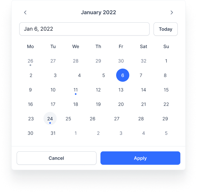 Date picker menu with month navigation, selected and hover states