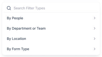Searchable filter categories dropdown menu
