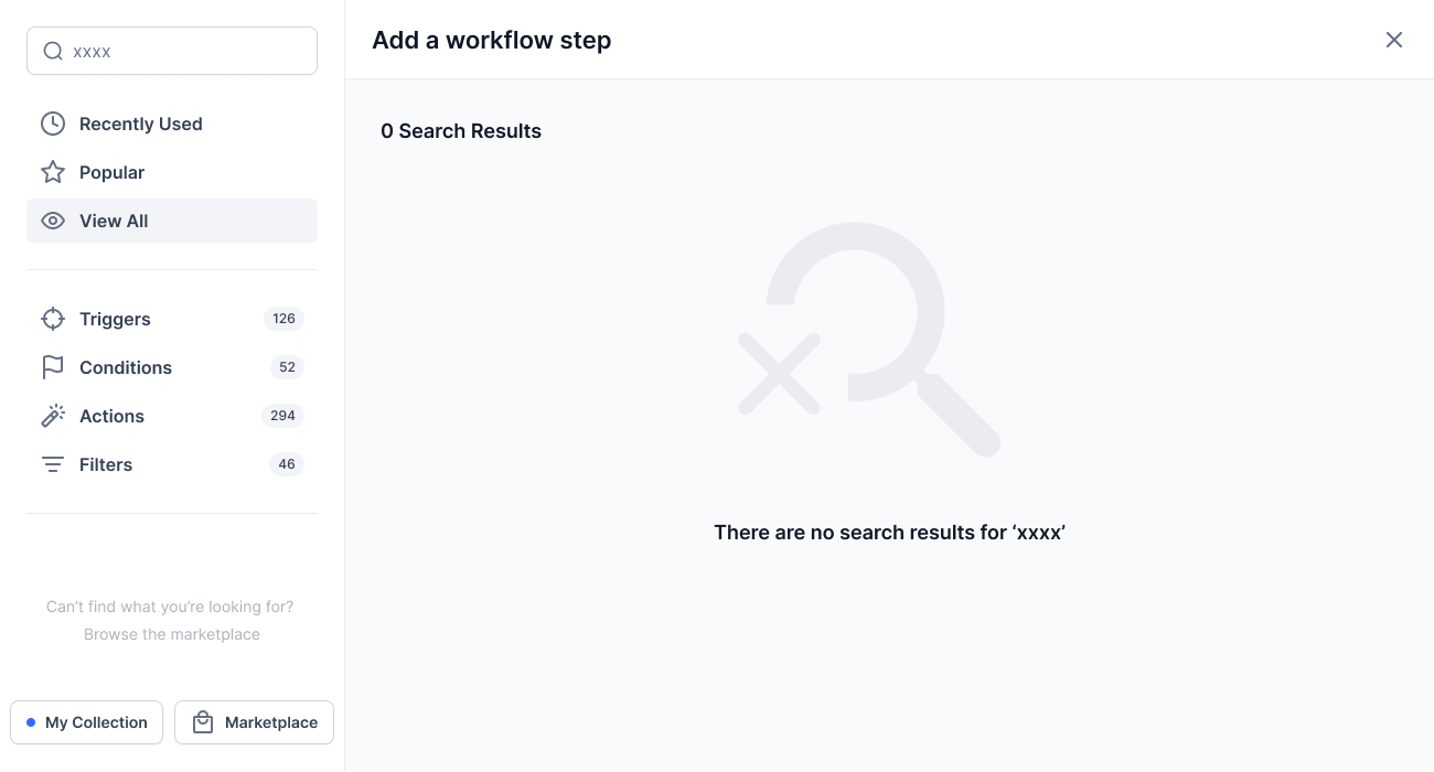 Step library popup empty state for a search with no results