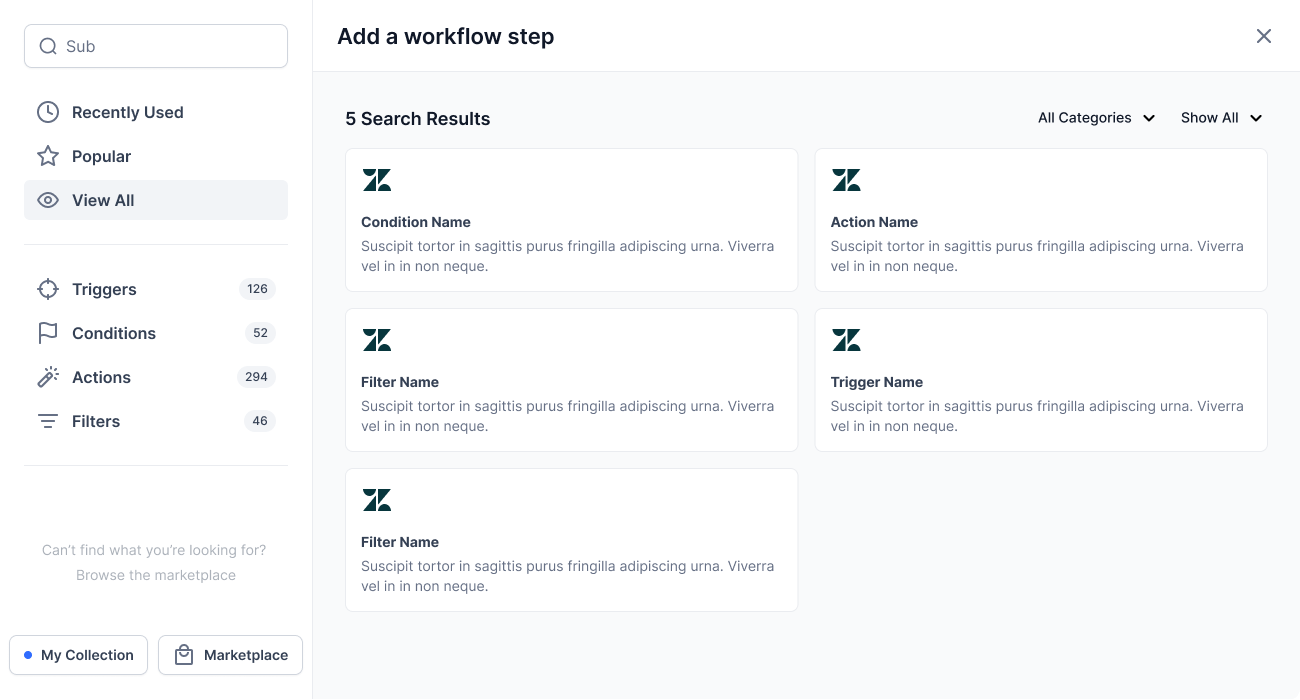 Step library popup showing search results across every category