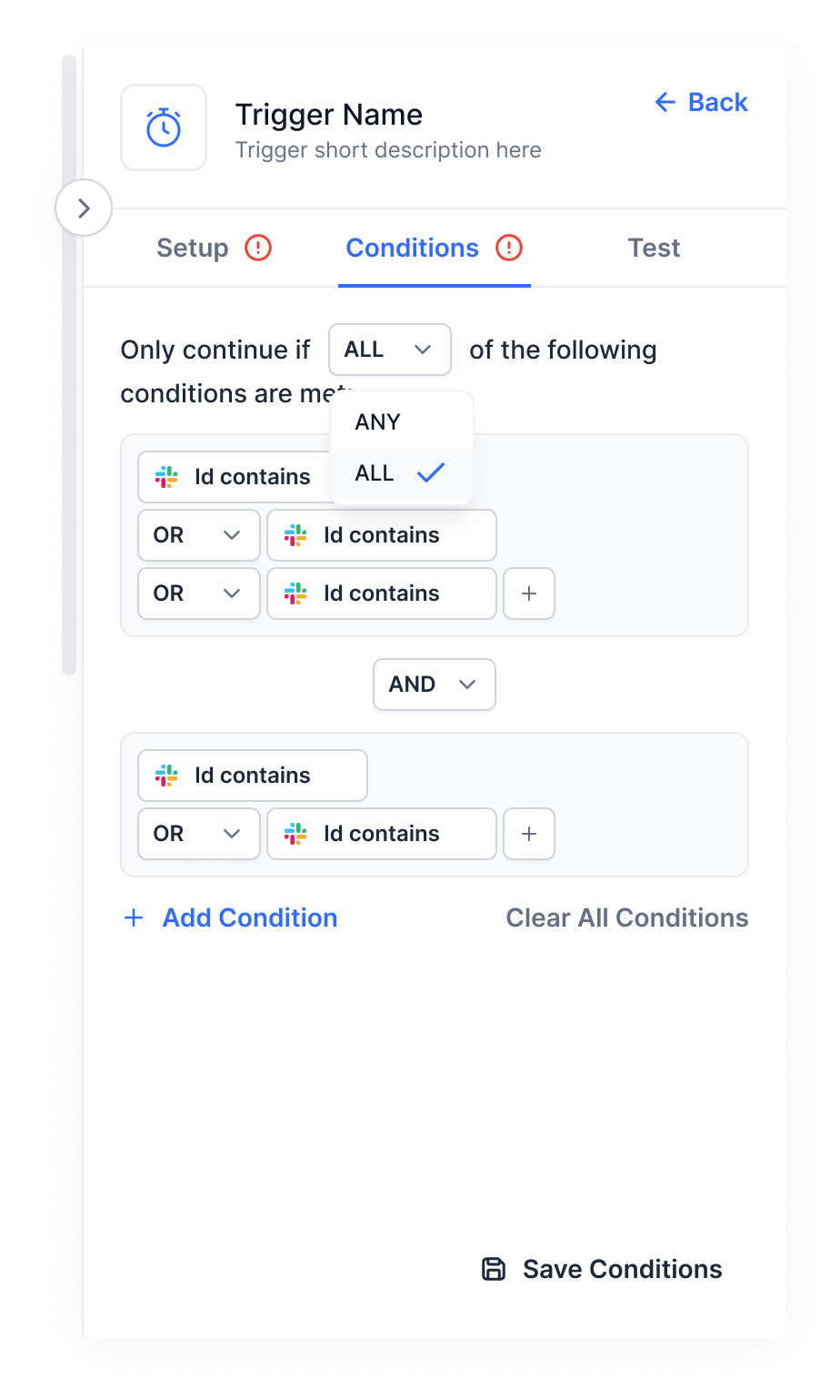 Condition builder with nested AND/OR groups and the ANY/ALL selector open