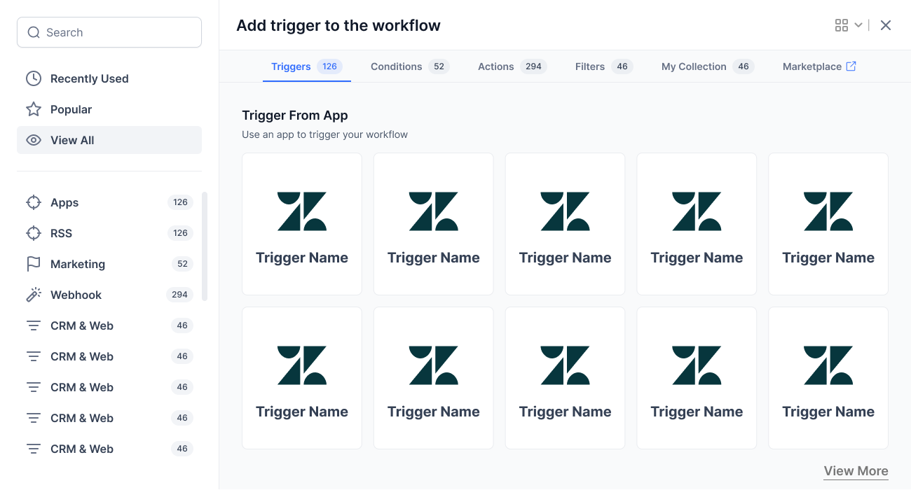 Step library popup browsing triggers by category with counts