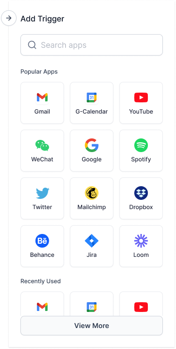 App picker panel with search, a Popular Apps grid, Recently Used and View More