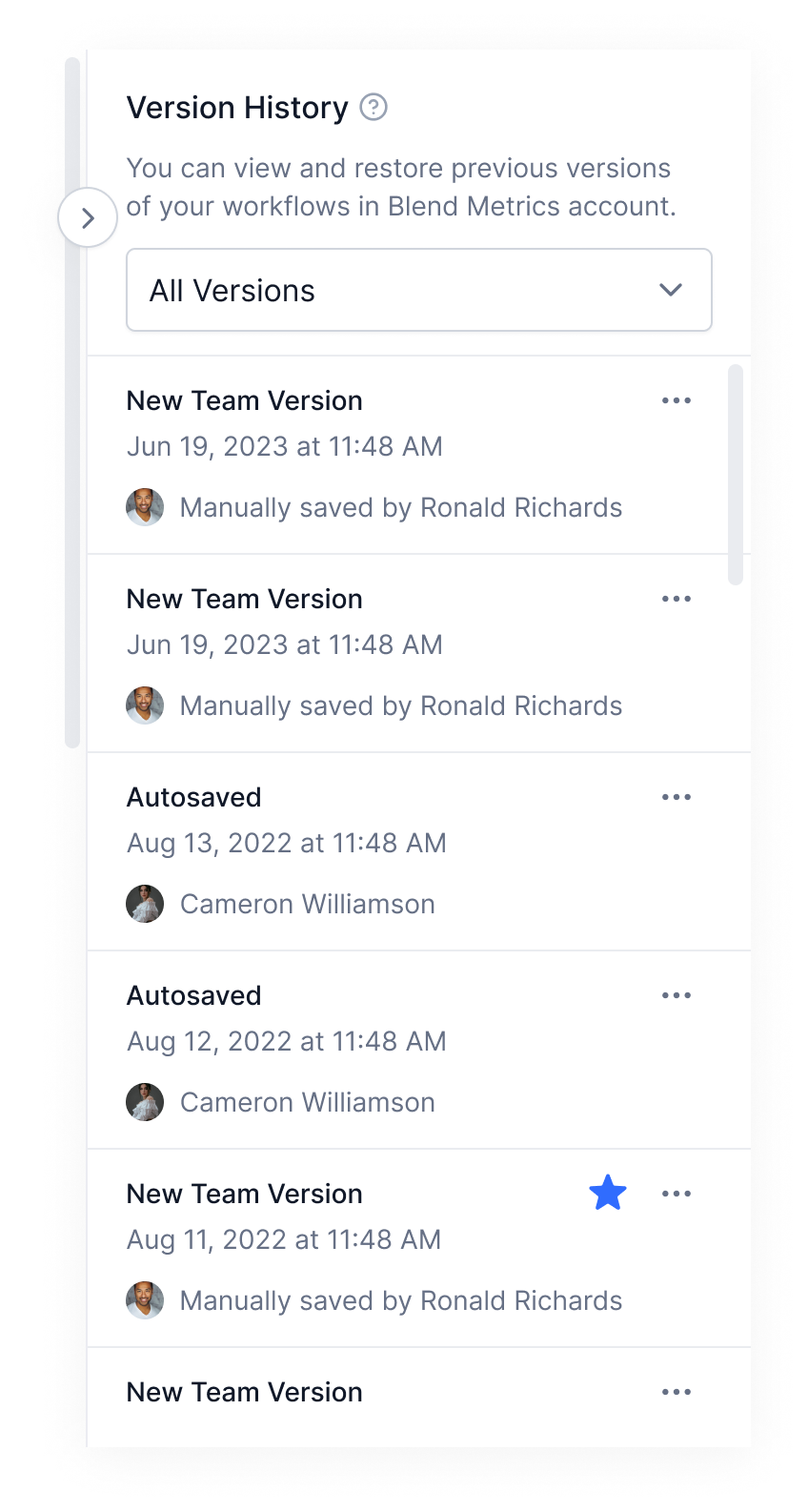 Version History panel: a filterable timeline of autosaved and manually saved versions, each with author, timestamp and an overflow menu