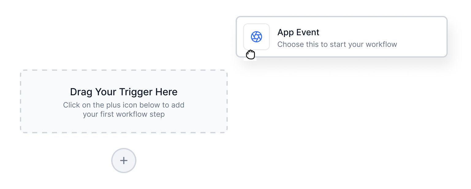 Drag and drop, empty state: the drop zone reads Drag Your Trigger Here with an App Event card held above it