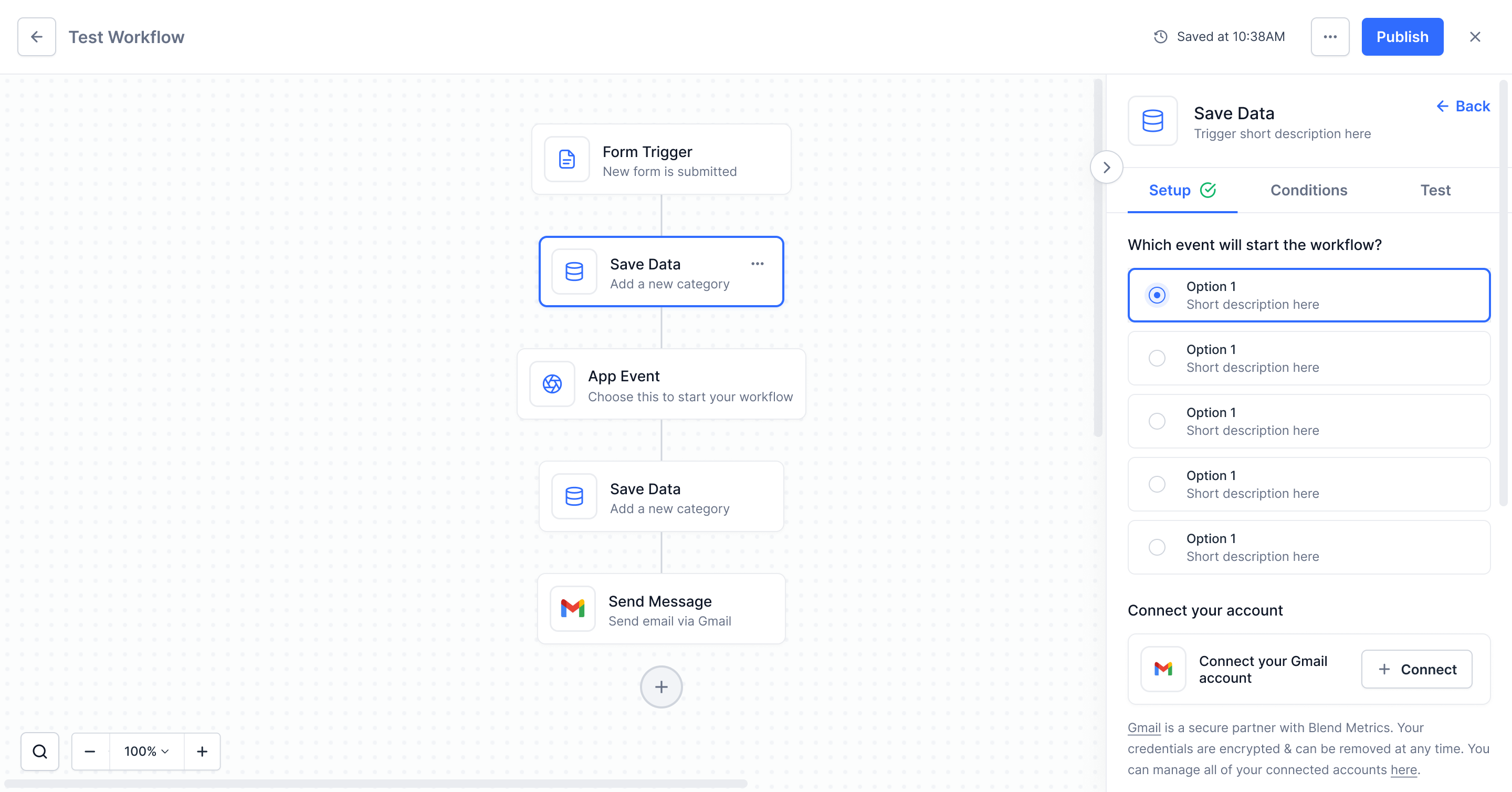 Sidebar showing Save Data setup with event options and an inline Connect your Gmail account panel
