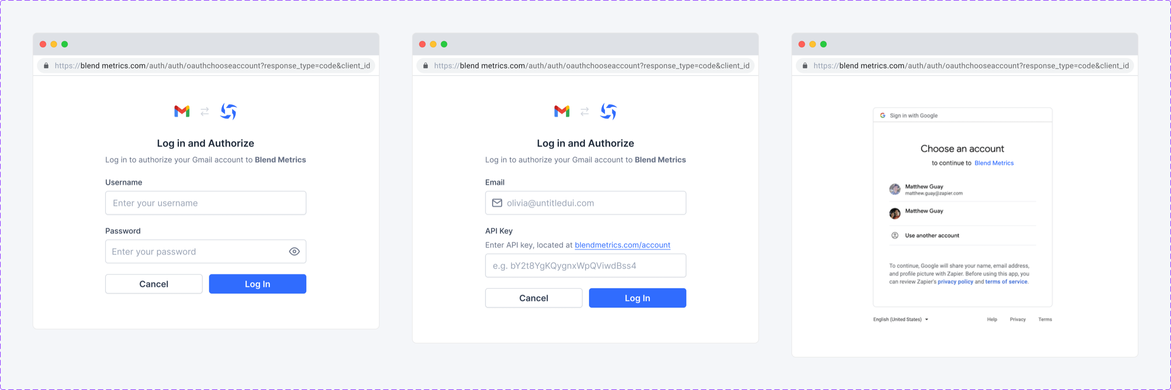 Three authorization methods: username and password, email with API key, and Google account picker