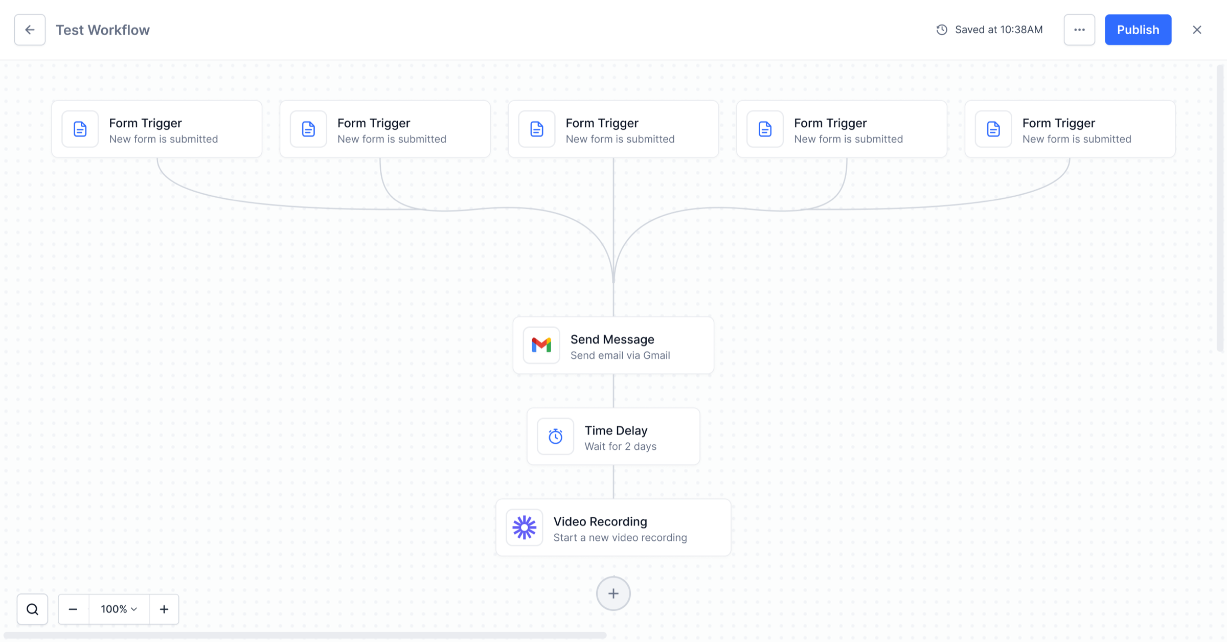 Complex workflow with five Form Triggers connected to Send Message, Time Delay, and Video Recording action nodes