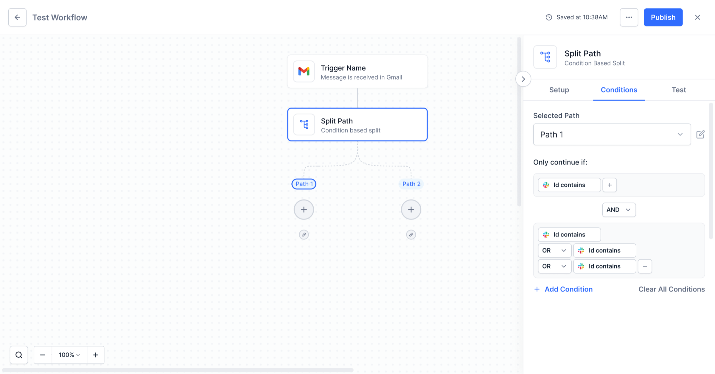 Conditions tab showing AND/OR logic builder with multiple condition rules for Path 1, including Id contains filters with Add Condition and Clear All options