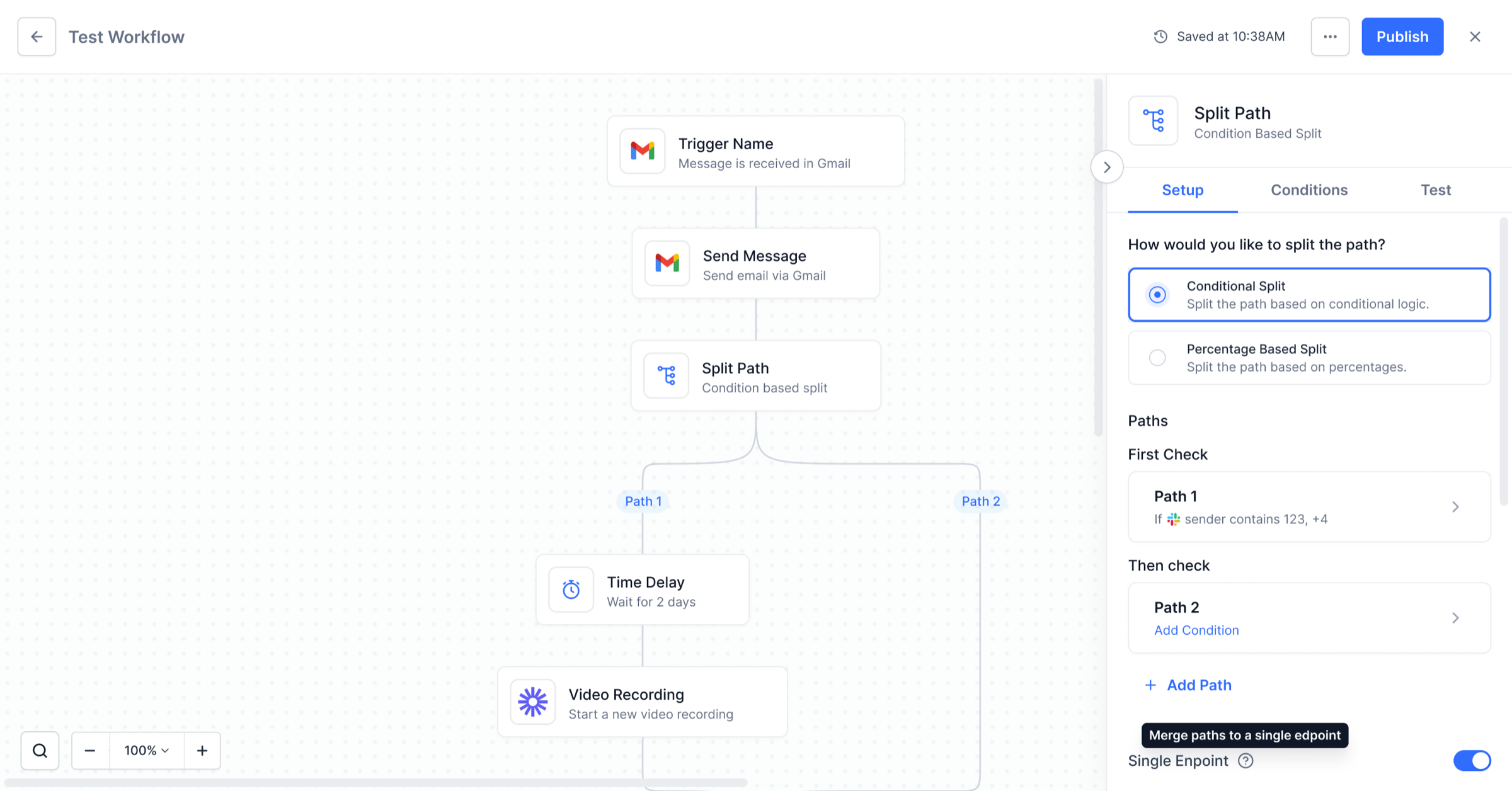 Workflow canvas showing a conditional split path with Send Message action, two branching paths with Time Delay and Video Recording nodes, and sidebar showing path conditions