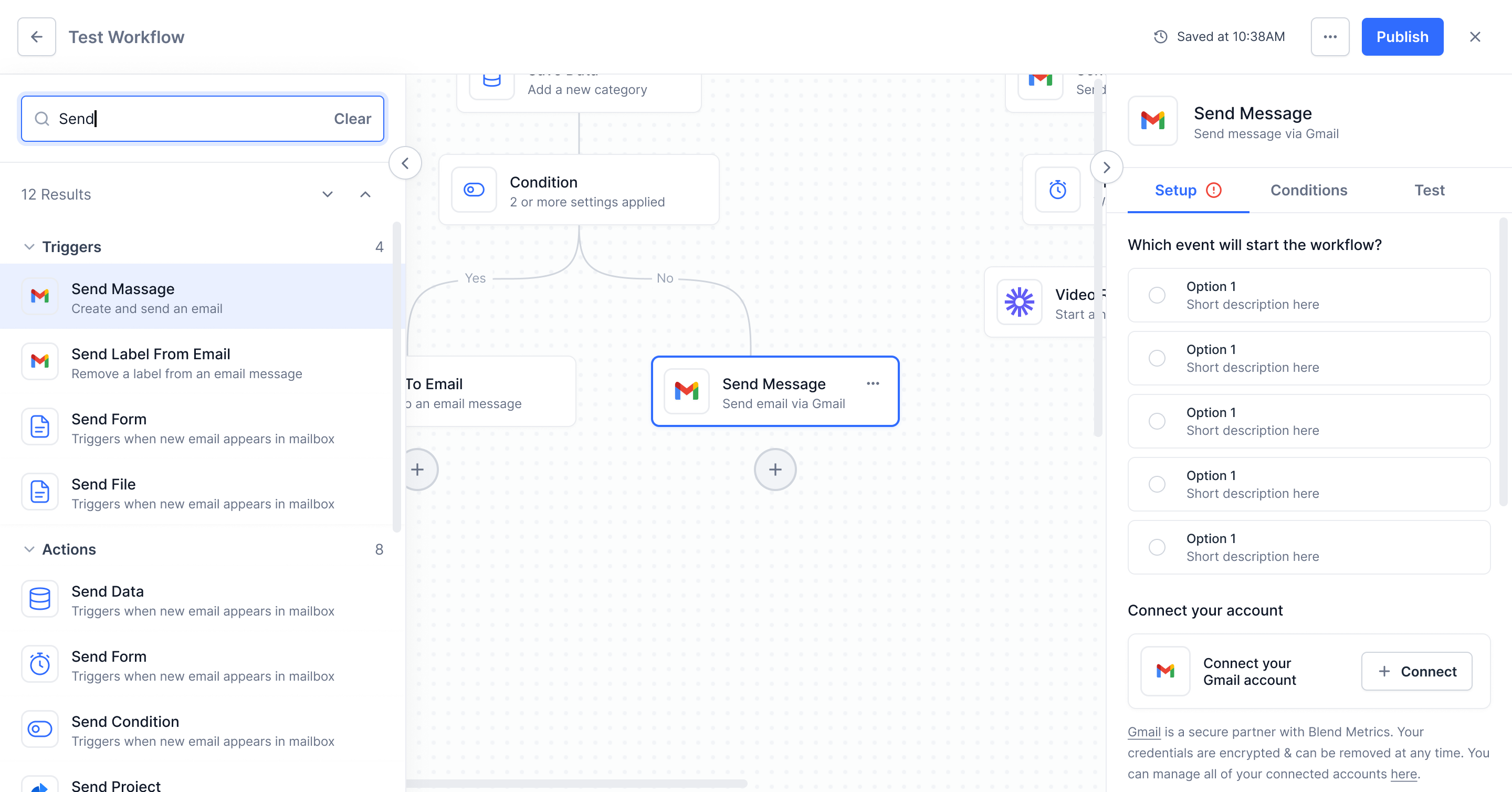 Workflow search panel showing 12 results grouped into Triggers and Actions with the matching node highlighted