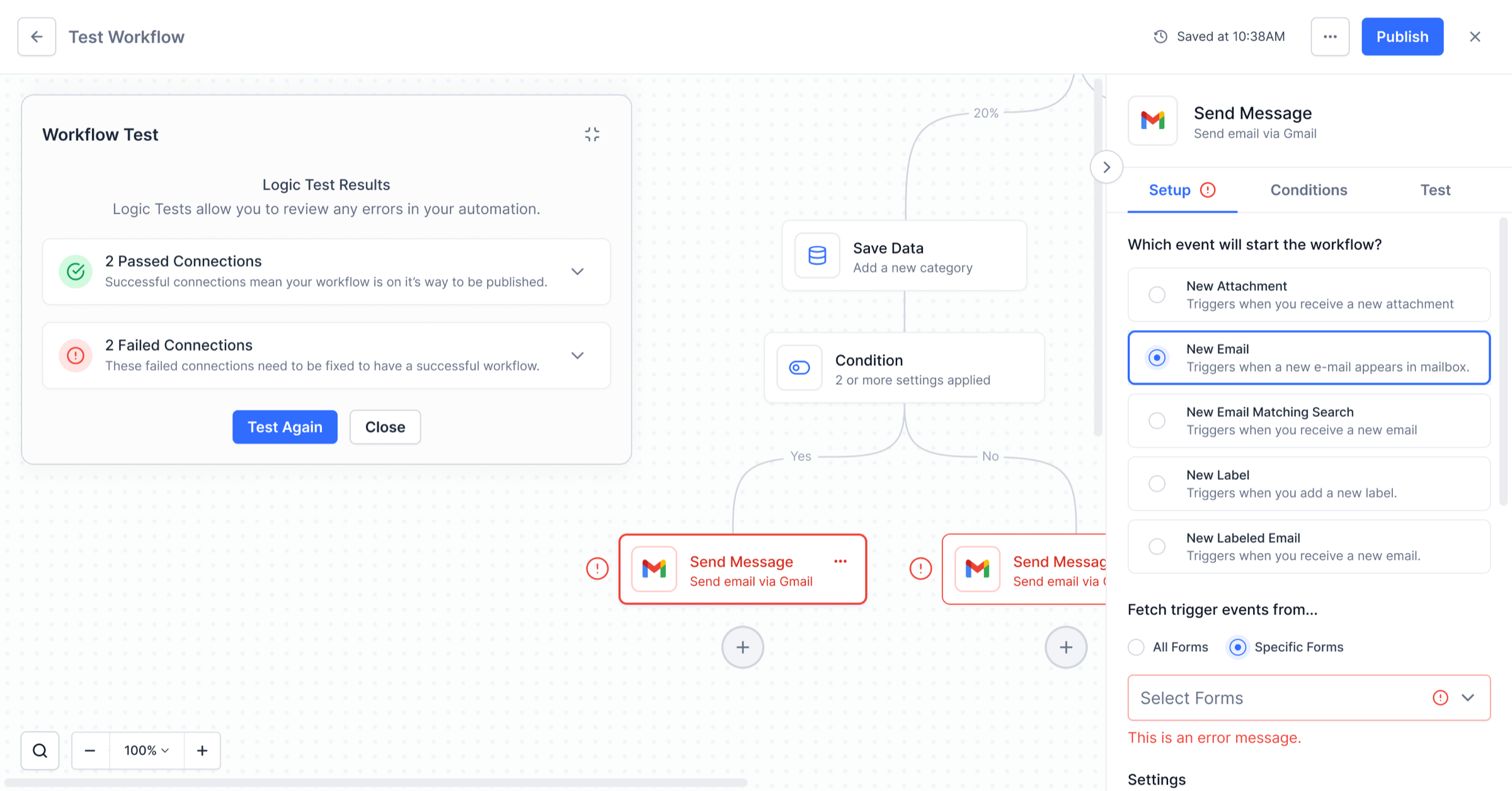 Workflow test results showing 2 passed and 2 failed connections, with error-highlighted nodes on the canvas and sidebar setup panel