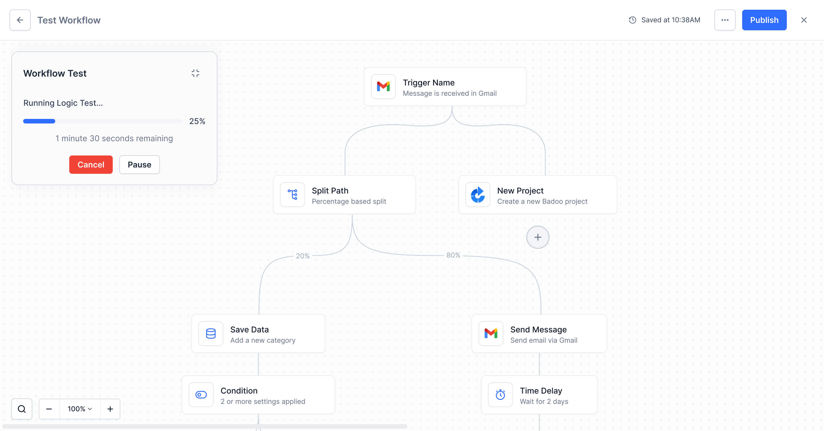Workflow Test panel running a logic test at 25 percent with time remaining and cancel or pause options