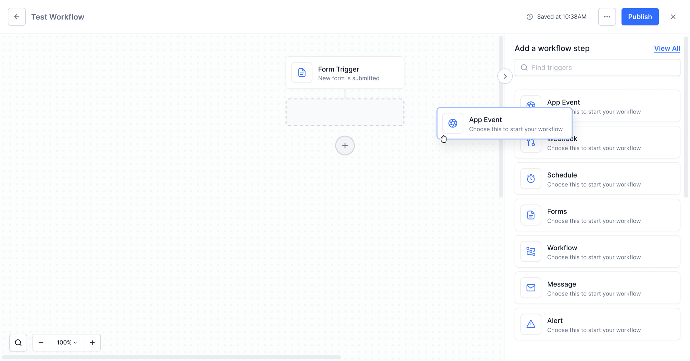 Workflow builder canvas showing a Form Trigger connected to an action node, with the sidebar drawer open to add workflow steps