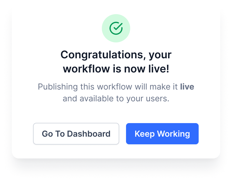 Publish success state with congratulations message and Go To Dashboard or Keep Working options
