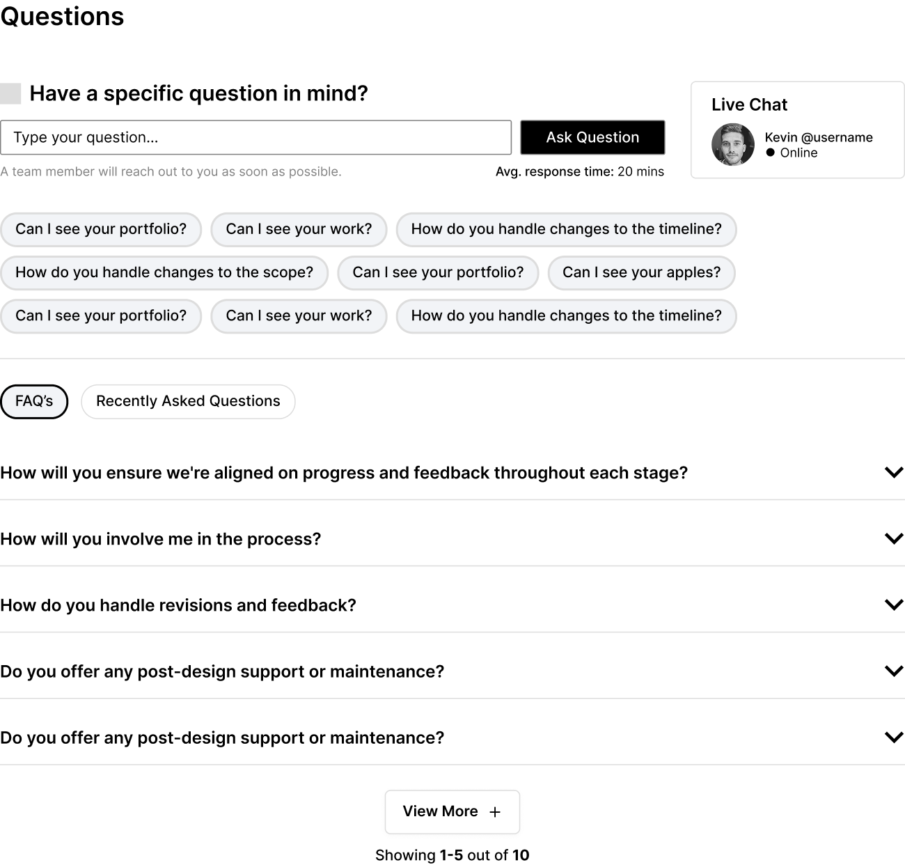 Final design: Questions, FAQ, and Live Chat
