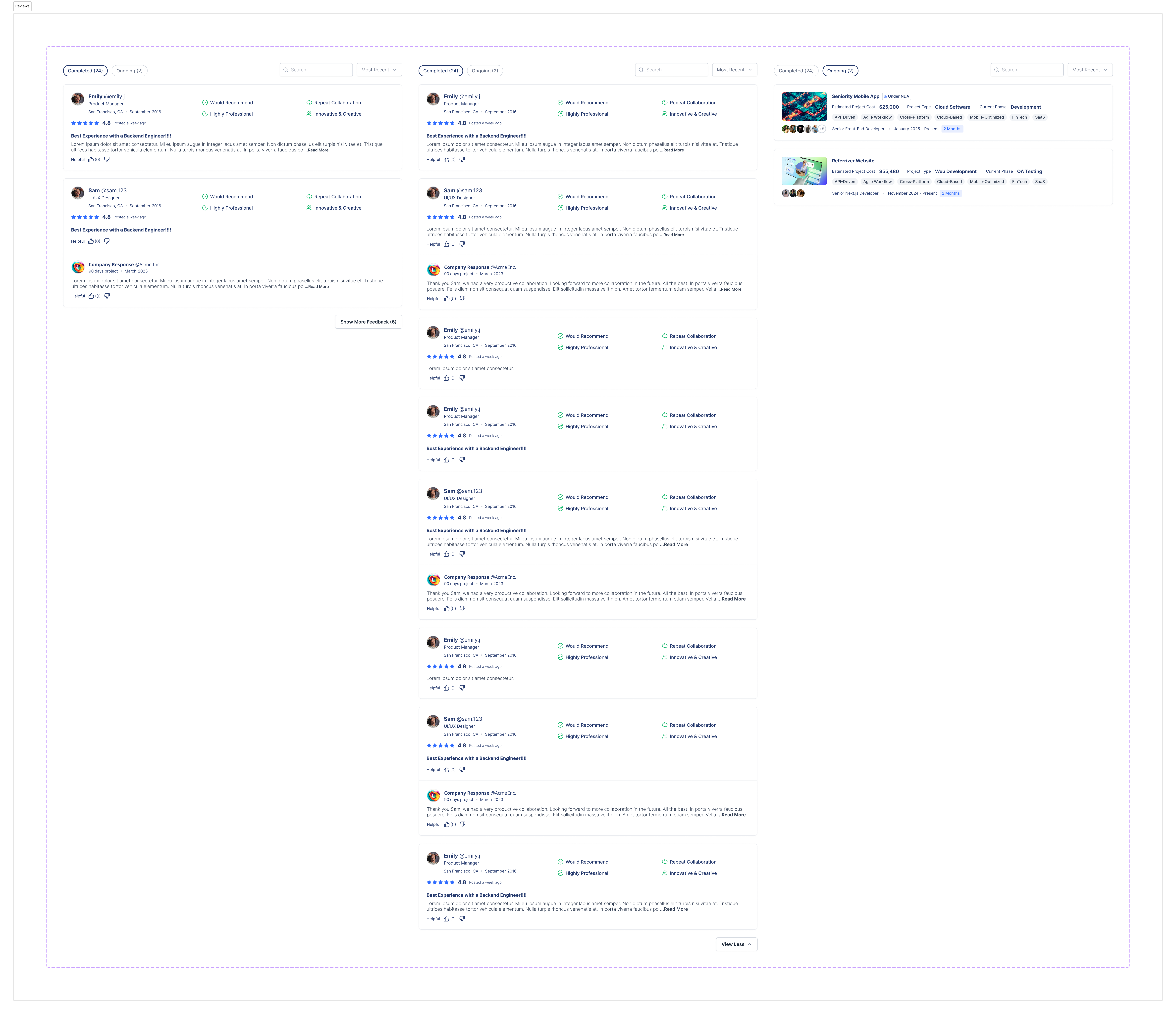 Reviews component variants with different states and data configurations