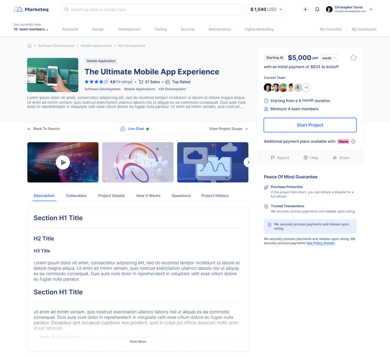 High fidelity design of the Marketeq project overview page with colored UI, gallery, pricing sidebar, and team details