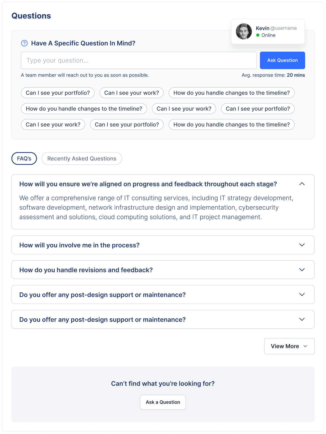 Questions screen with live chat, suggested prompts, FAQs, and ask a question form