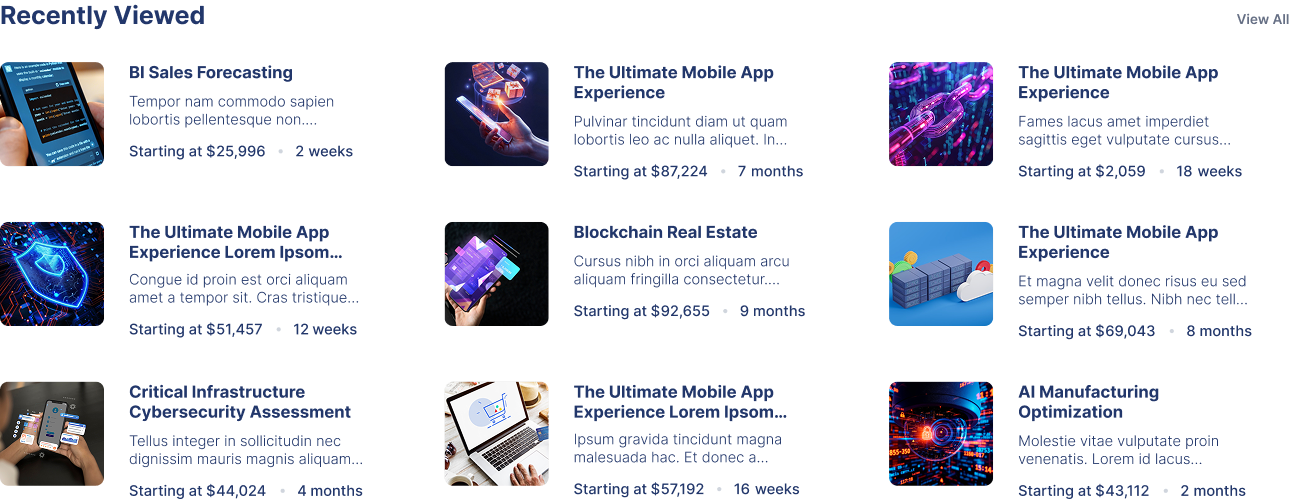 Recently viewed projects grid with thumbnails, titles, pricing, and duration