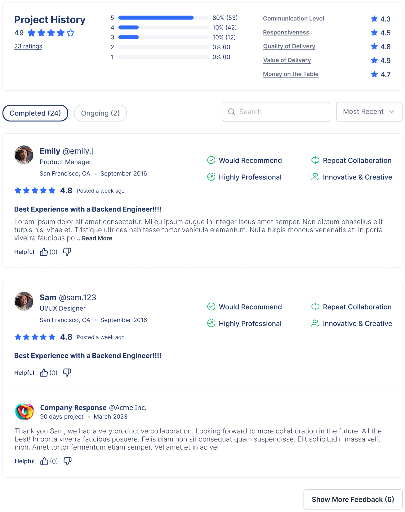 Reviews screen with rating summary, detailed reviews with avatars and tags, and company responses