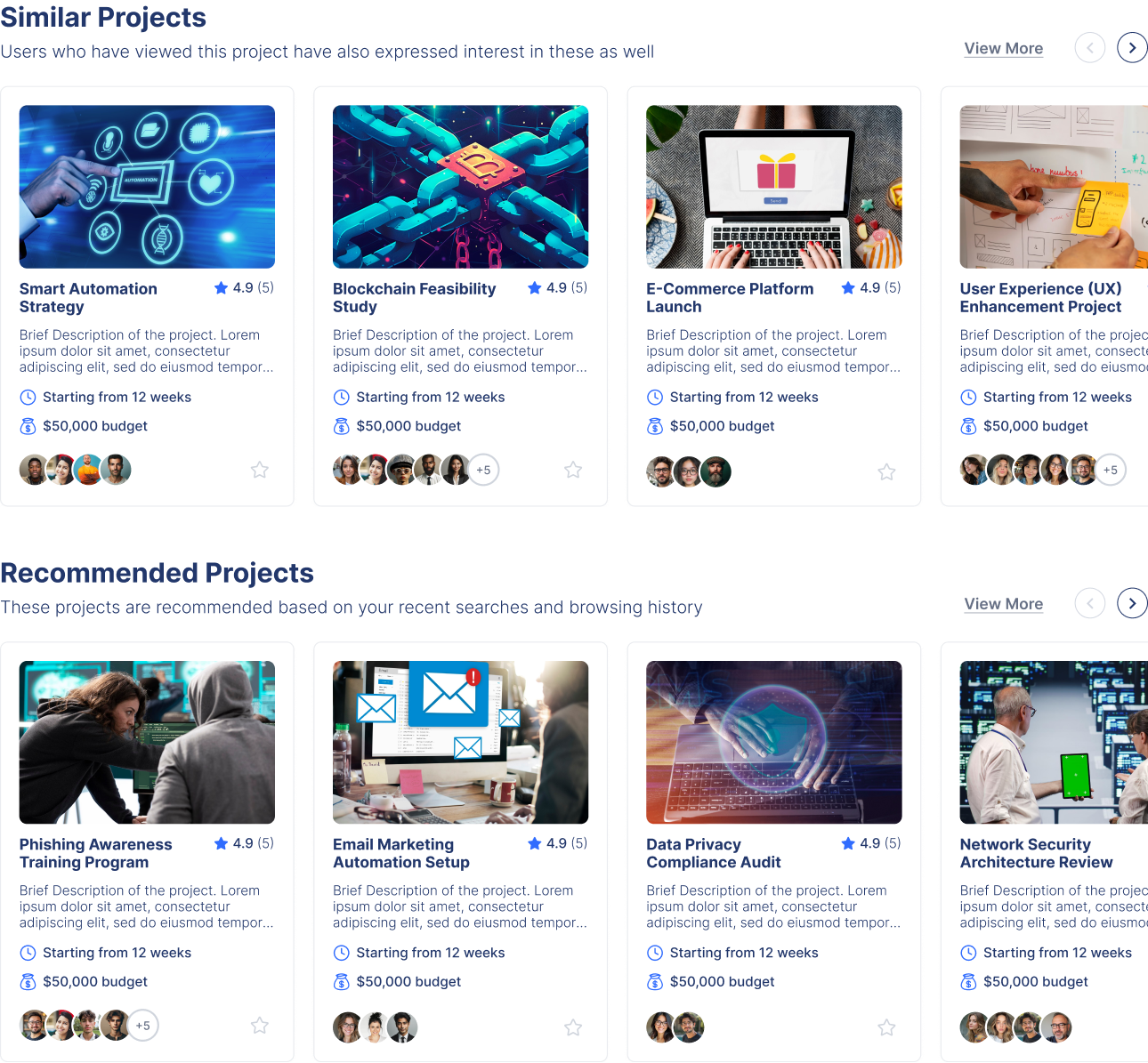 Similar and recommended projects carousel with project cards, ratings, and team avatars