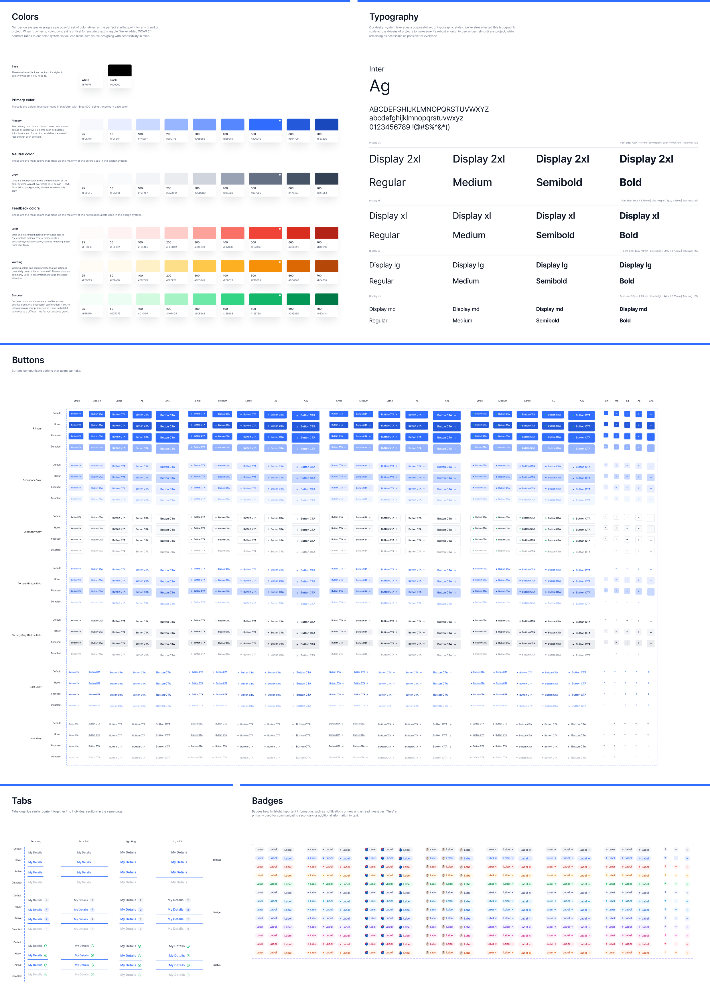 UI Design System: colors, typography, buttons, tabs, and badges