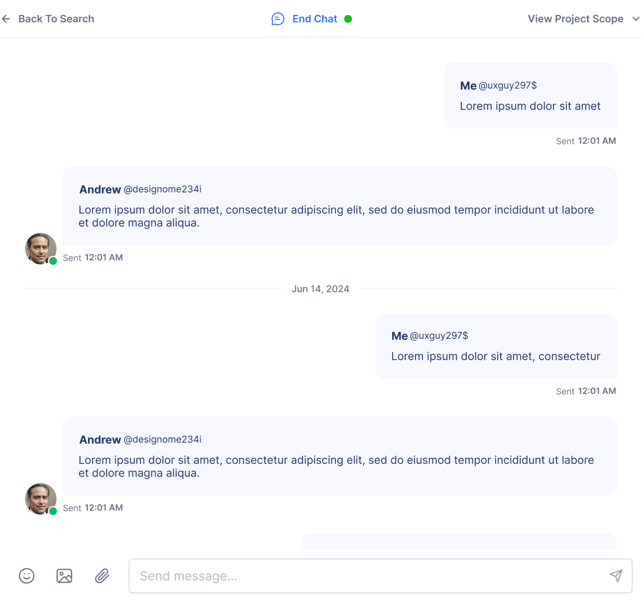 Live chat interface with real-time messaging and online status