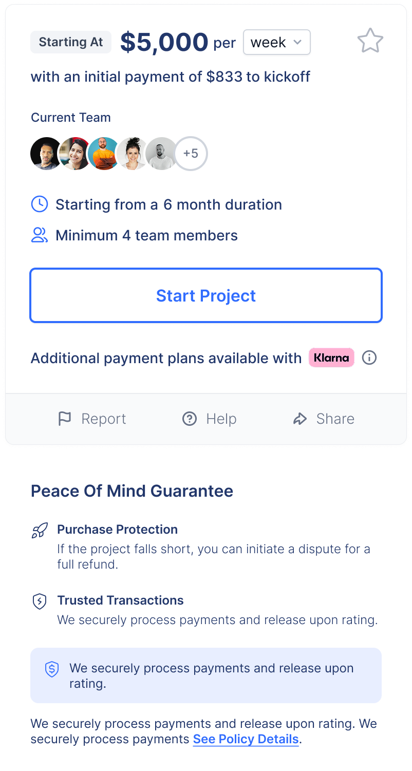 Pricing sidebar with payment plan, team status, and peace of mind guarantee