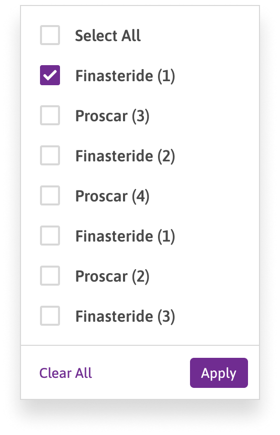 Claims filter, drug name