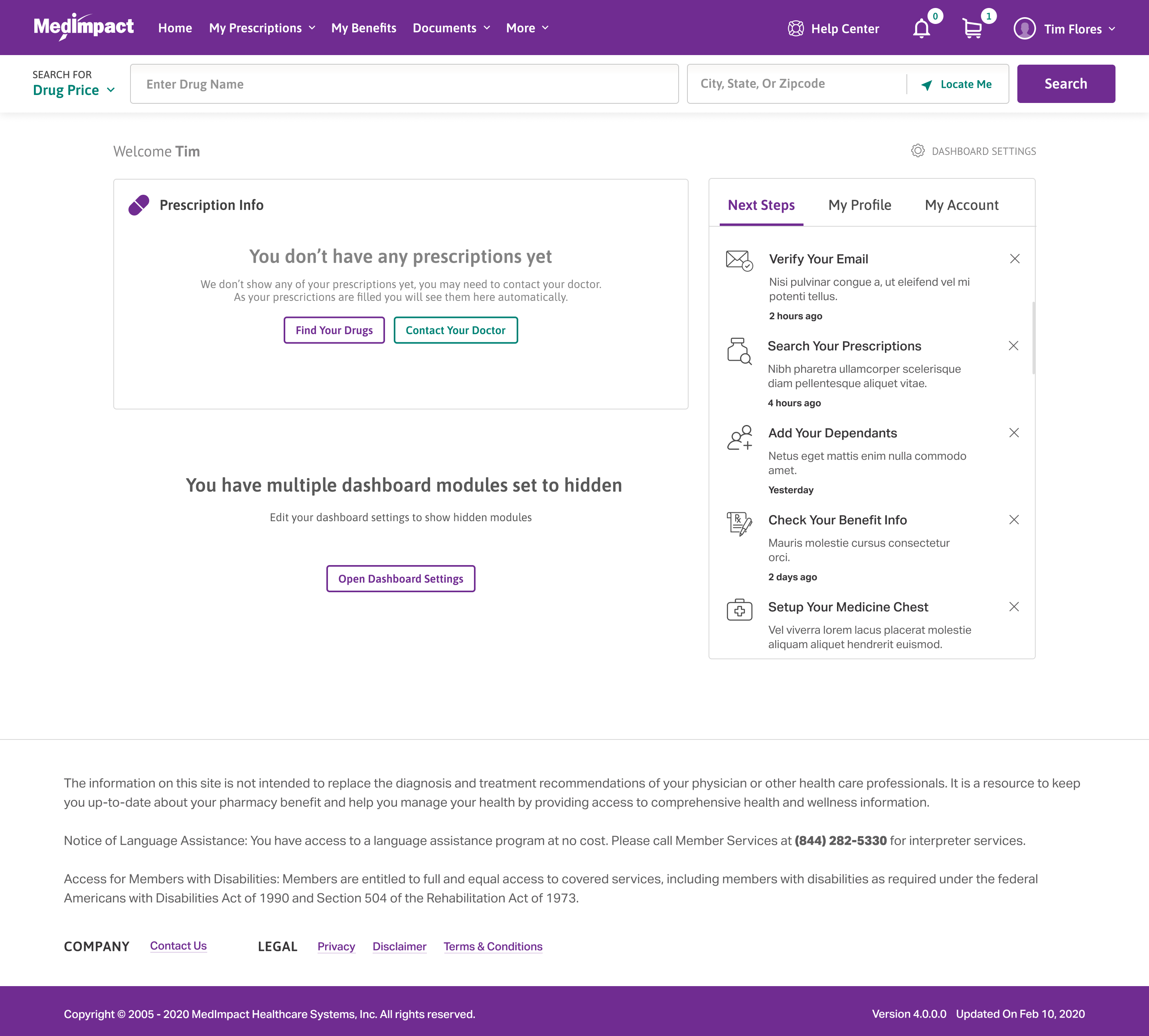 MedImpact Dashboard populated state
