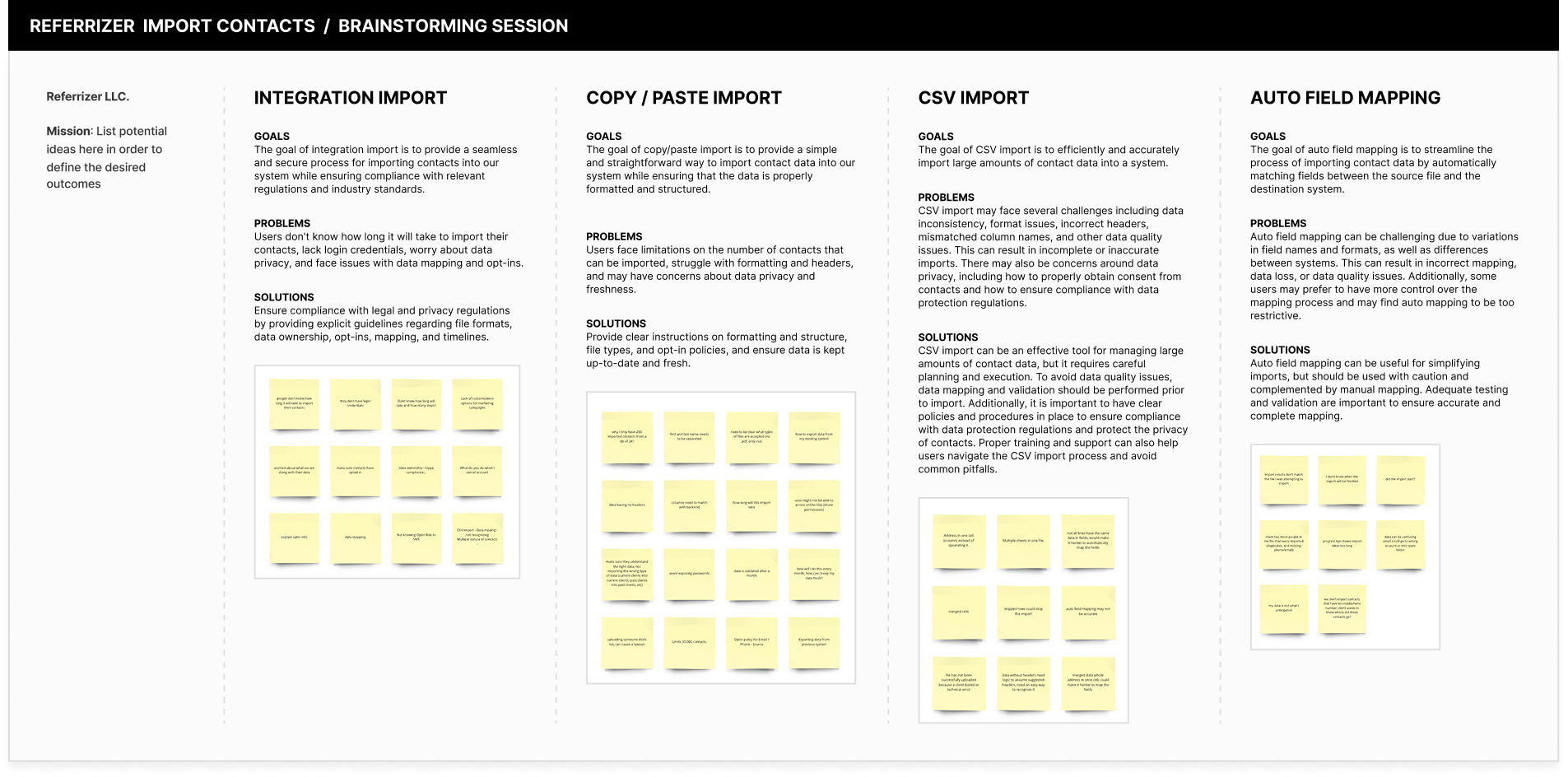 Referrizer brainstorming session showing integration import, copy/paste import, CSV import, and auto field mapping categories with goals, problems, and solutions