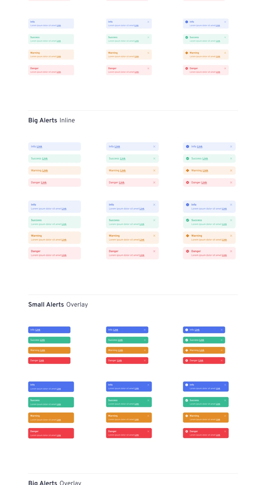 Alert components showing info, success, warning, and danger variants