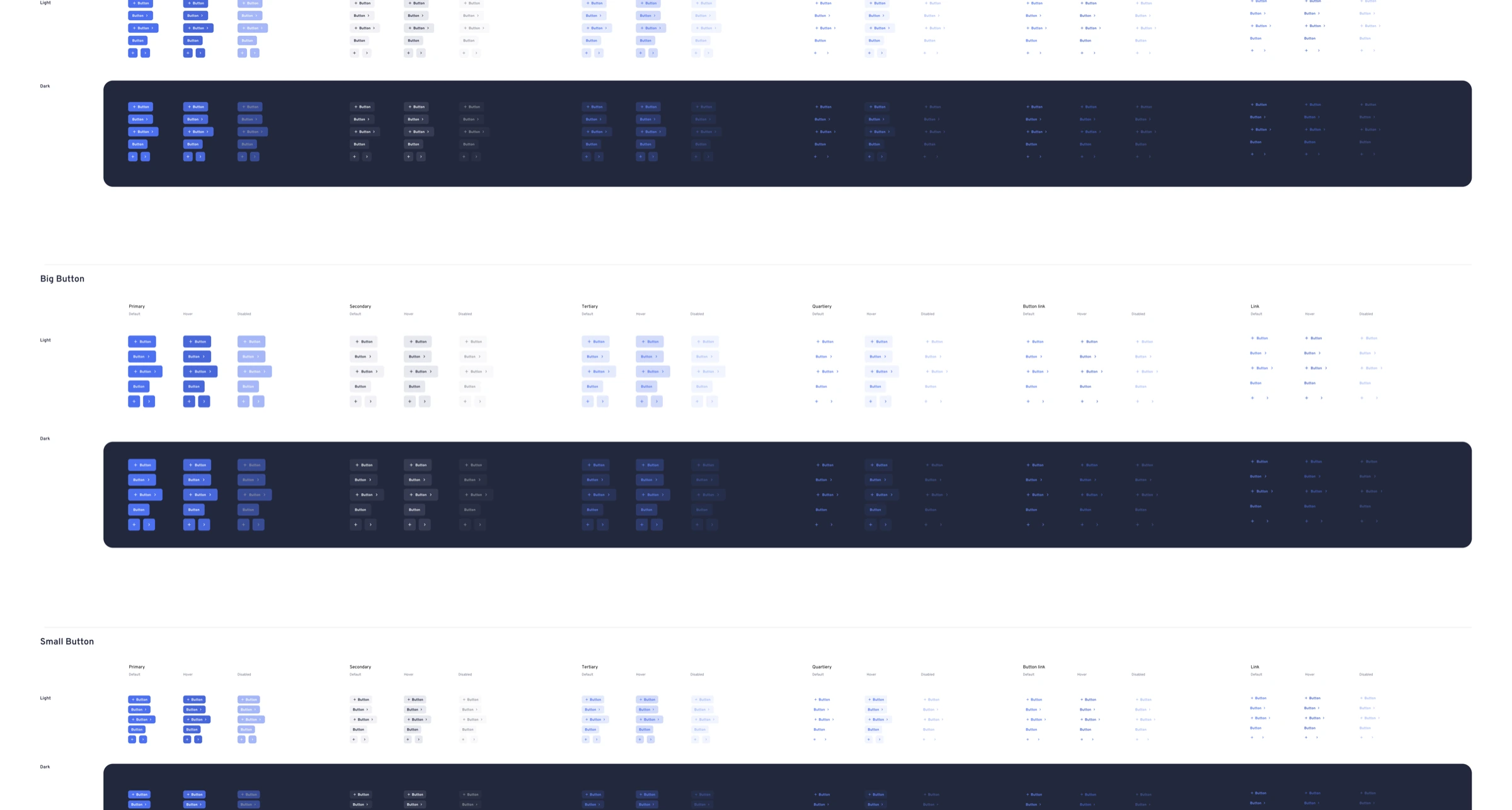 Button component system showing primary, secondary, tertiary variants in light and dark themes