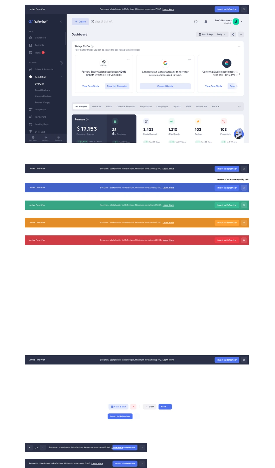 Dashboard layout with navigation, widgets, and banner components