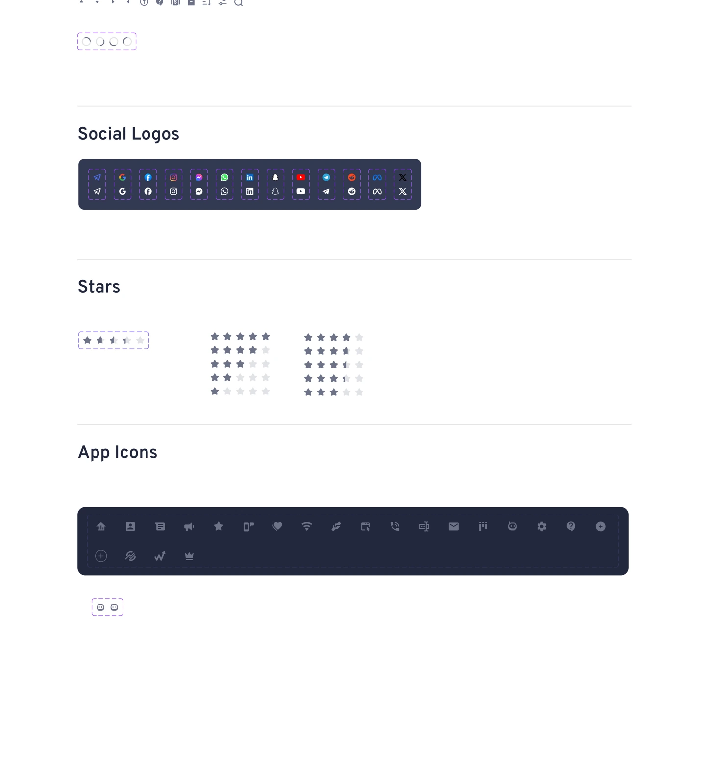 Icon library with social logos, star ratings, and app icons