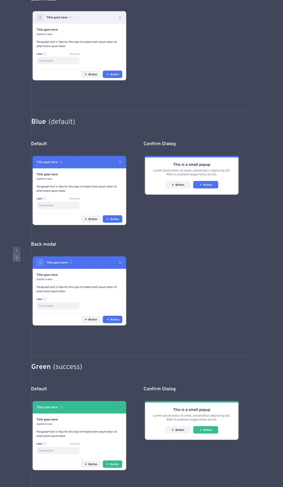 Modal dialog components in blue, green, and confirm dialog styles