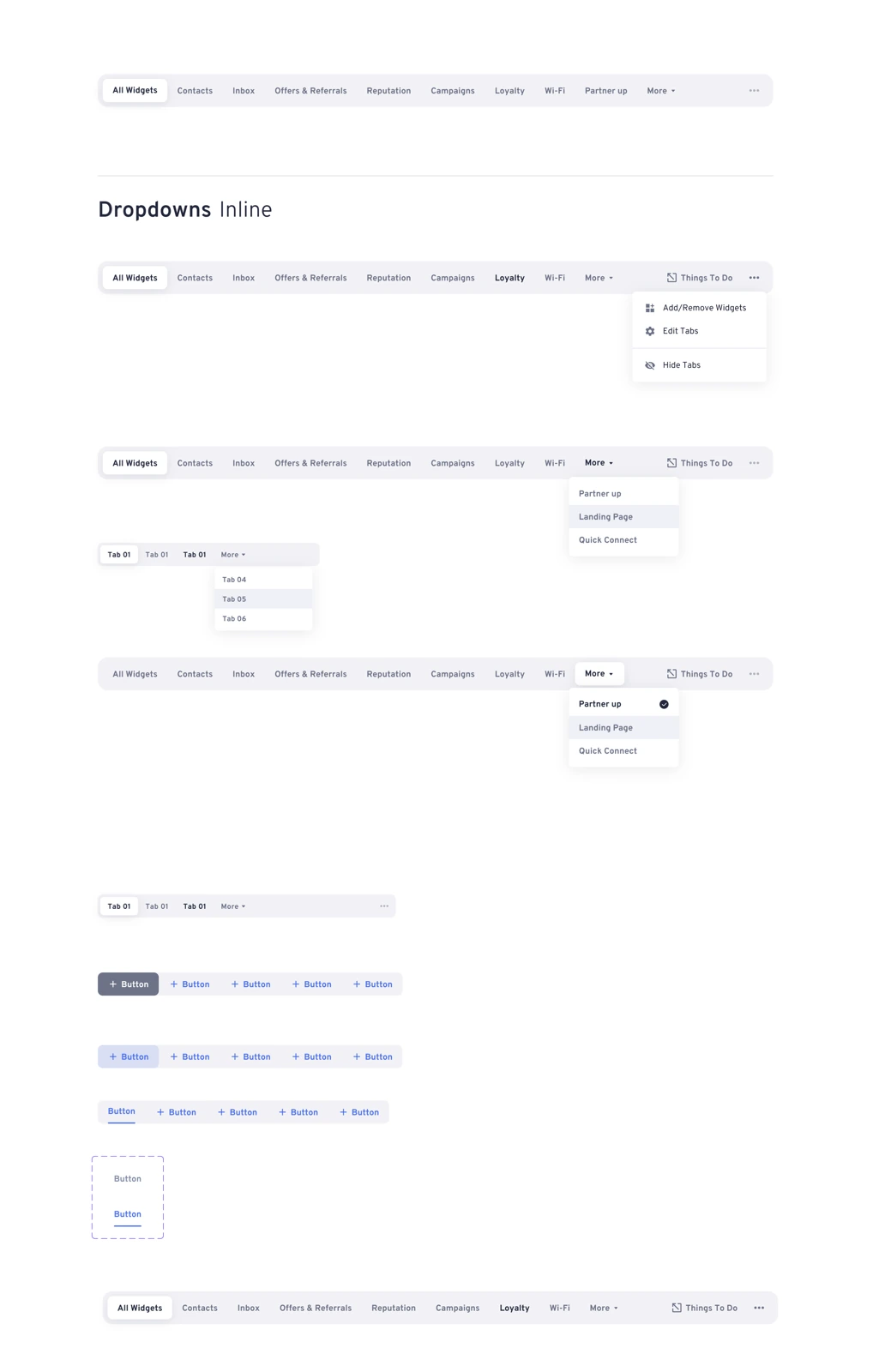 Tab navigation components with dropdown and inline variants
