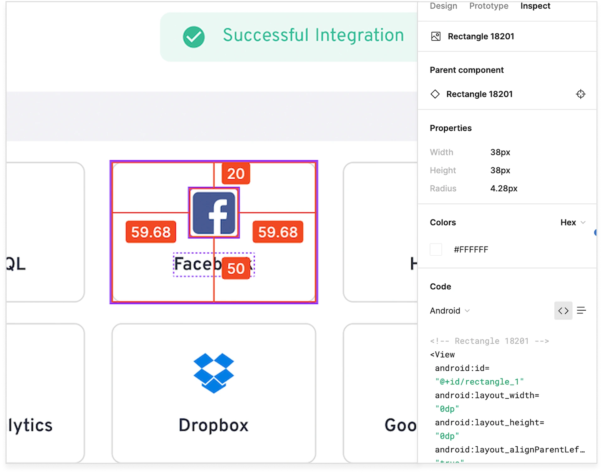 Figma inspect panel showing component properties, spacing measurements, colors, and generated code for developer handoff