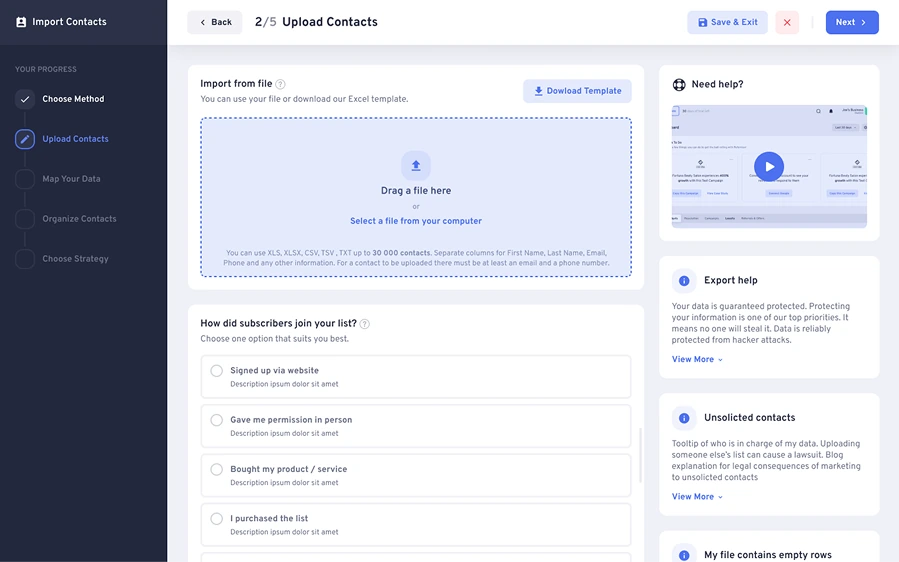 Step 2: Upload Contacts - Drag and drop file upload with subscriber options