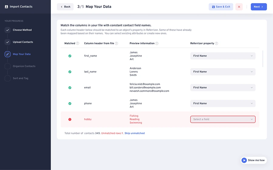 Step 3: Map Your Data - Column header matching with field mapping table