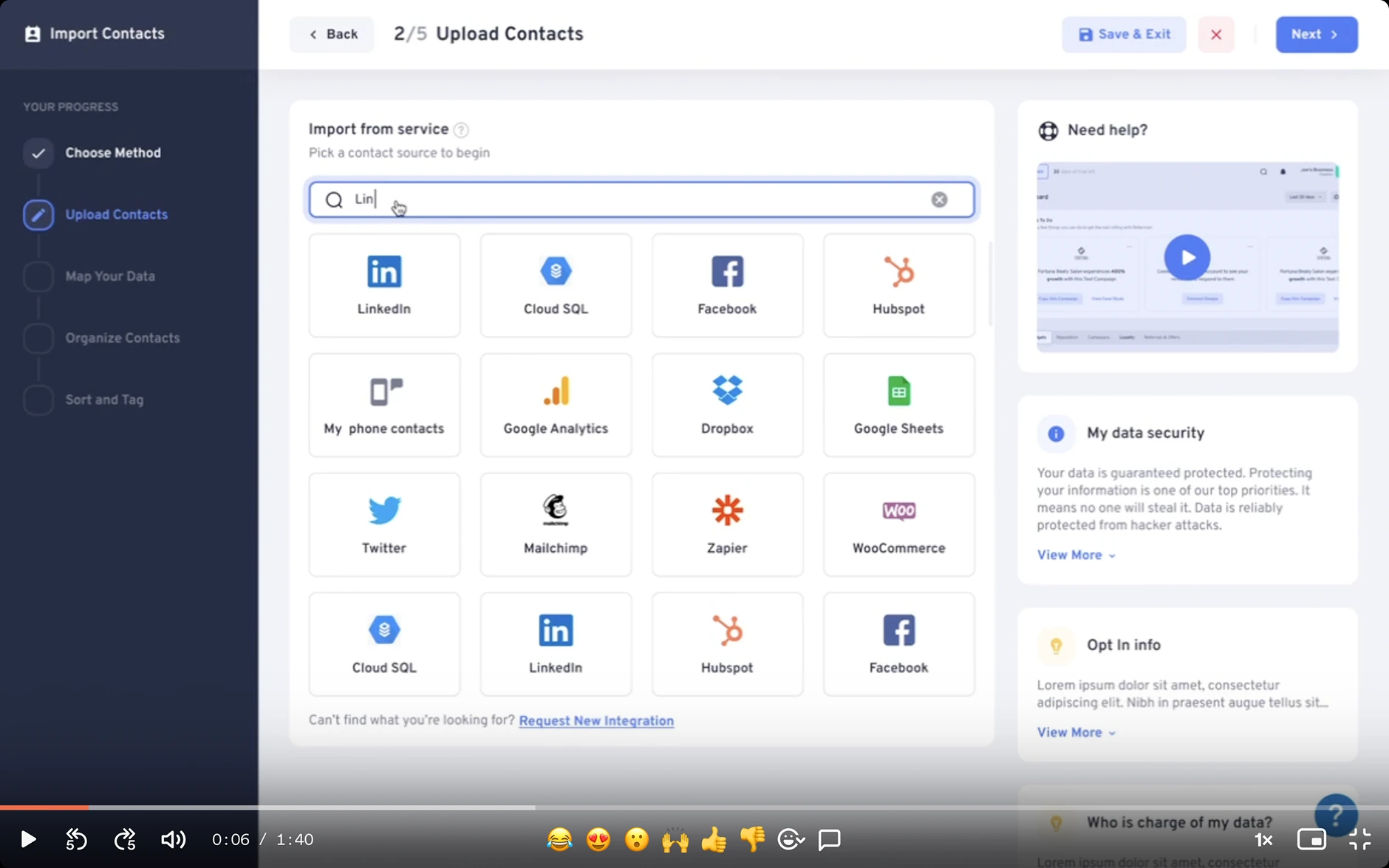 Prototype screen showing the Upload Contacts step with service integration search and selection