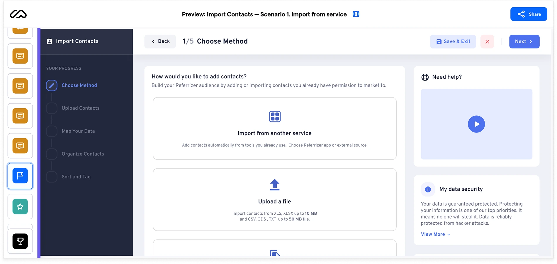 Live Maze test preview showing the import contacts prototype with step-by-step progress sidebar