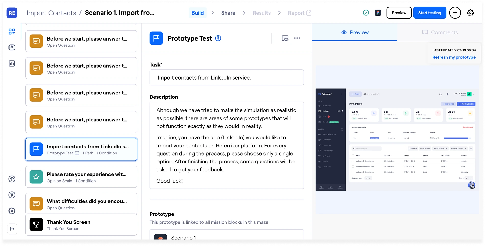 Maze.com test builder showing prototype test configuration with task blocks, open questions, and preview