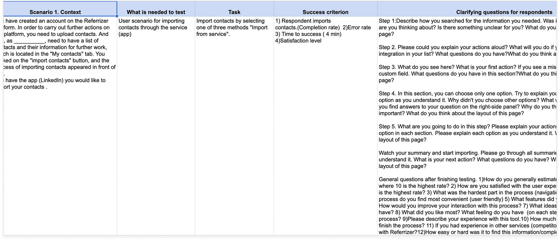 Test scenario table showing context, tasks, success criteria, and clarifying questions for each step