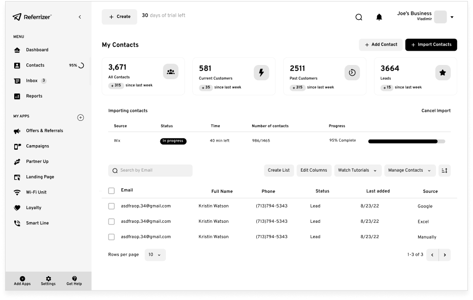 Wireframe: My Contacts dashboard after import