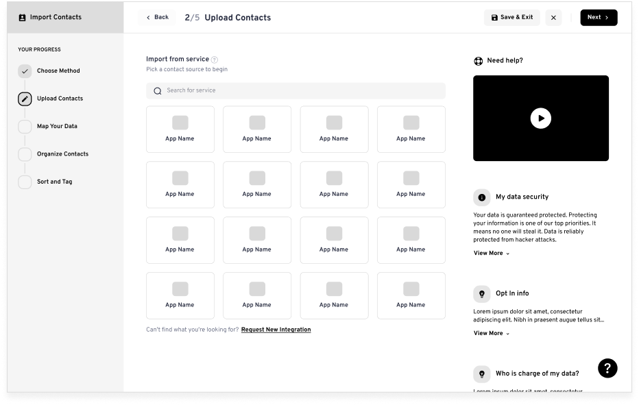 Wireframe: Step 2 - Upload Contacts, integration grid